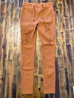 🍒Women's Distressed Jeggings drawstring waistband. stretchy. sz L 28 inch waist